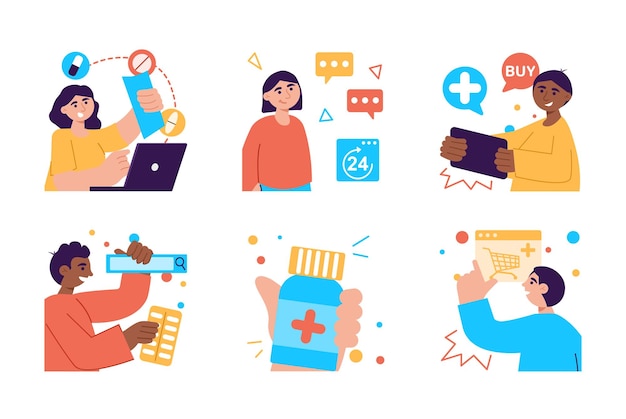 Concepto de color de conjunto de farmacia en línea con escena de personas en el estilo de dibujos animados plana