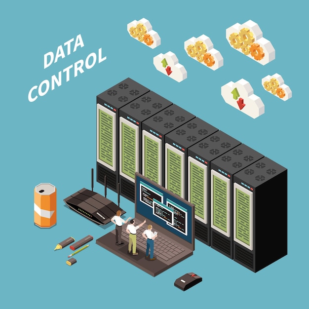 Concepto de color isométrico del centro de datos con título de control de datos e ilustración abstracta de la sala de servidores