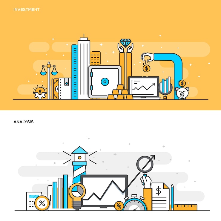 Vector concepto de color de línea plana- inversión y análisis- color