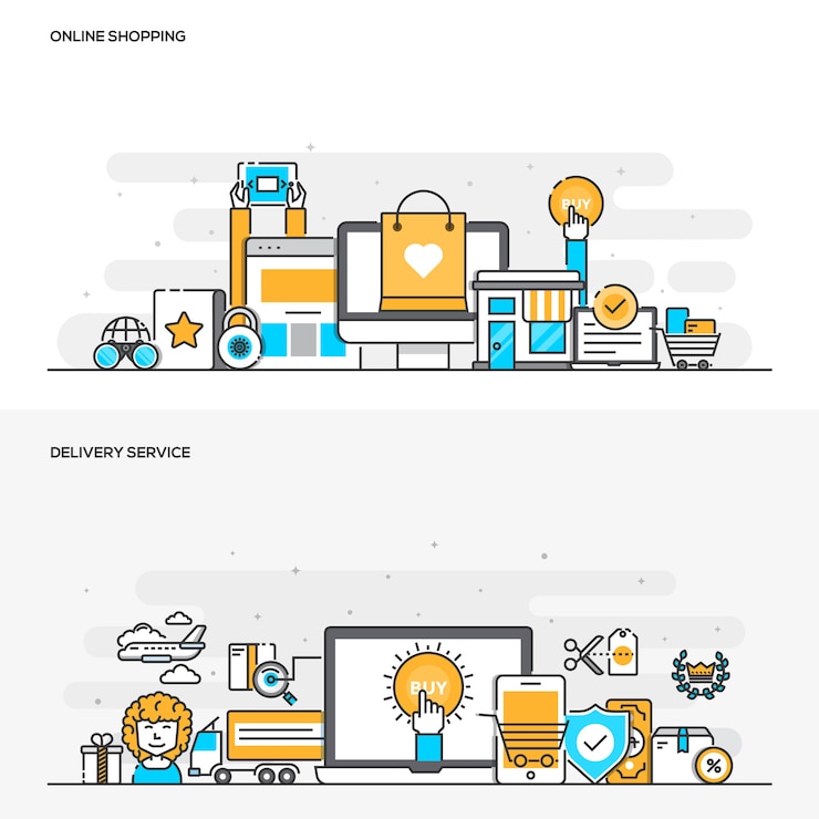 Vector concepto de color de línea plana: servicio de compras y entrega en línea: color