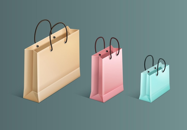 Concepto de color realista de bolsa de compras tres paquetes diferentes de ilustración pequeña a grande