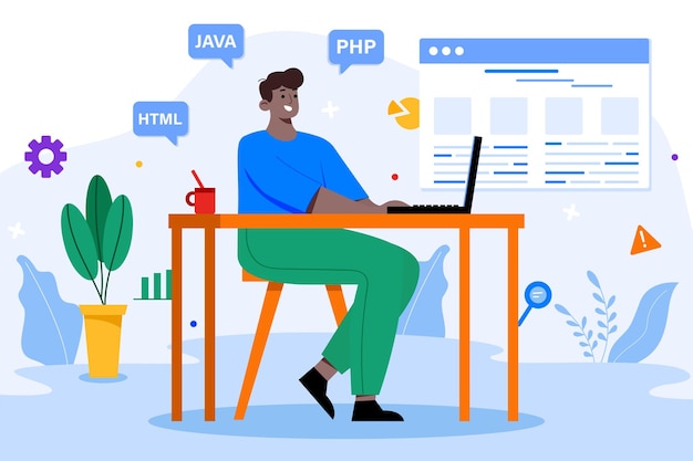 Concepto de color de software de programación con escena de personas en el estilo de dibujos animados planos
