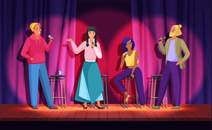 Vector concepto de comedia de stand up con comediantes masculinos y femeninos pareja de cómicos realizan espectáculo