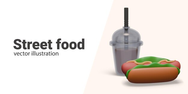Concepto comercial de comida callejera moderna Taza de plástico con tapa bebida de paja