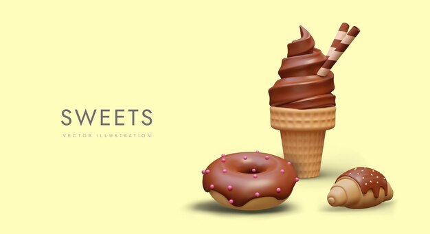 Concepto comercial de dulces con chocolate 3D helado de rosquilla croissant en estilo de dibujos animados