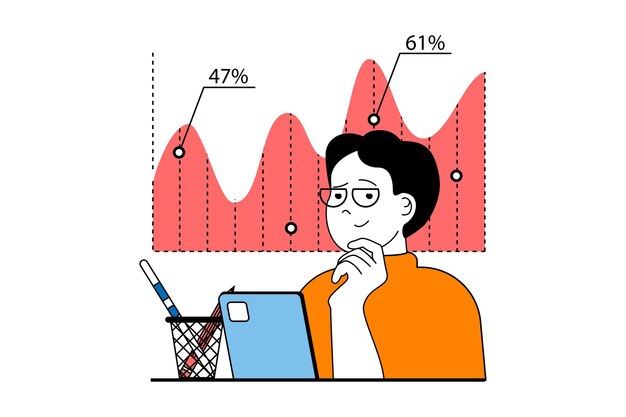 Concepto de comercio de acciones con escena de personas en diseño web plano Hombre analizando gráficos financieros con porcentaje y haciendo investigación de mercado Ilustración vectorial para material de marketing de banners en redes sociales