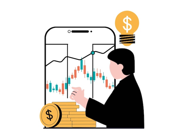 Concepto de comercio de acciones con situación de carácter El hombre comerciante gana dinero en la bolsa de valores invierte y monitorea el mercado usando la aplicación móvil Ilustración vectorial con escena de personas en diseño plano para web