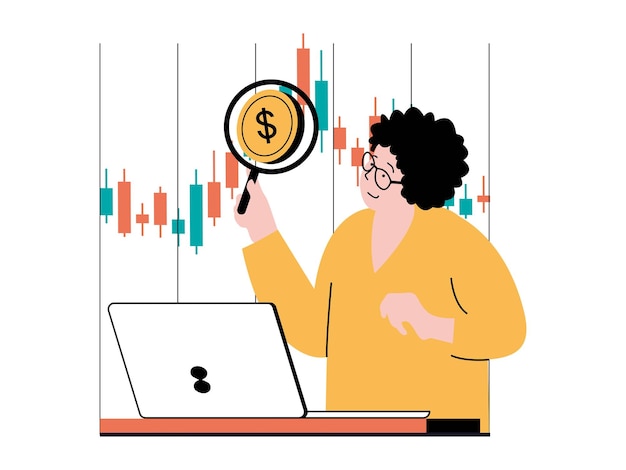 Concepto de comercio de acciones con situación de carácter la mujer analiza el gráfico financiero explora el mercado funciona con datos y hace un pronóstico de tendencia ilustración vectorial con escena de personas en diseño plano para web