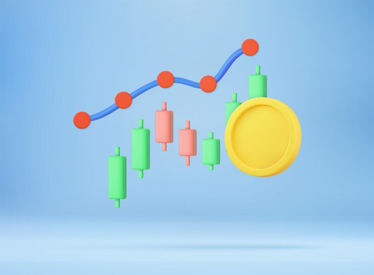 Vector concepto de comercio y ahorro de monedas de dinero en 3d