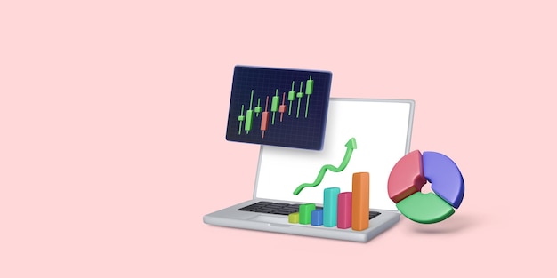 Concepto de comercio de bolsa en línea portátil 3D con gráfico circular y diagrama de barras