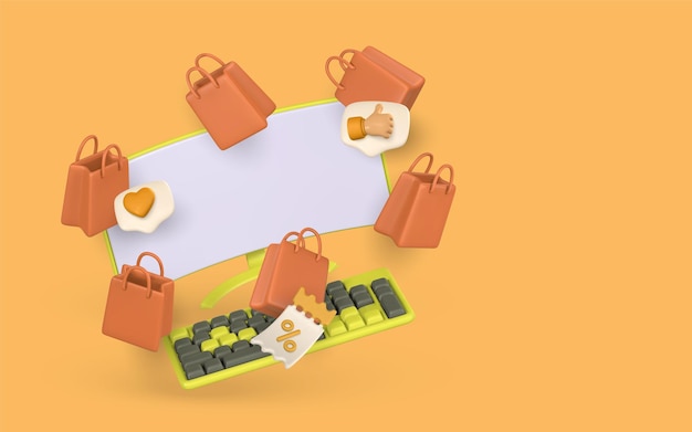 Concepto de comercio electrónico 3D Bolsas de compras para portátiles Promoción de descuento Vector Ilustración