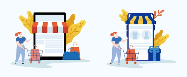 Concepto de comercio electrónico de compras en línea Personas con carrito de compras Ilustración vectorial en estilo plano