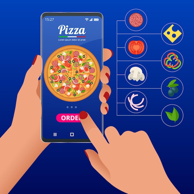 Concepto de comercio electrónico pedir comida sitio web en línea Servicio de entrega de pizza de comida rápida en línea Ilustración vectorial isométrica plana Se puede usar para el juego infográfico publicitario o el icono de aplicaciones móviles