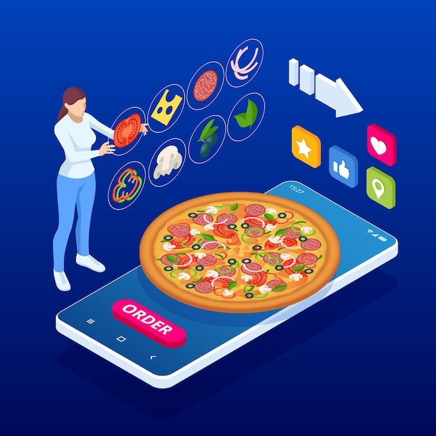 Concepto de comercio electrónico pedir comida sitio web en línea Servicio de entrega de pizza de comida rápida en línea Ilustración vectorial isométrica plana Se puede usar para el juego infográfico publicitario o el icono de aplicaciones móviles