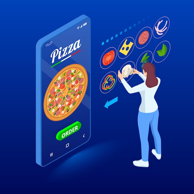 Concepto de comercio electrónico pedir comida sitio web en línea Servicio de entrega de pizza de comida rápida en línea Ilustración vectorial isométrica plana Se puede usar para el juego infográfico publicitario o el icono de aplicaciones móviles