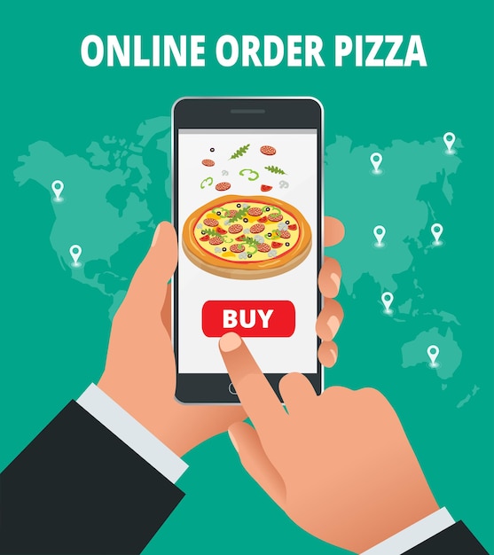 Concepto de comercio electrónico: pedir comida en el sitio web en línea. Servicio en línea de entrega de pizza de comida rápida. Ilustración vectorial isométrica plana. Se puede utilizar para publicidad, infografía, juego o icono de aplicaciones móviles.