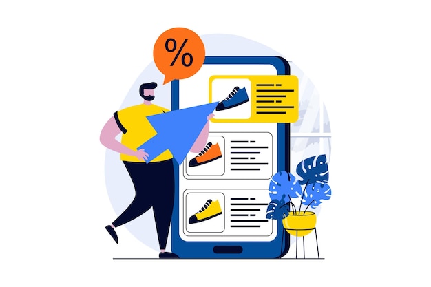 Concepto de comercio móvil con escena de personas en diseño de dibujos animados planos El hombre elige zapatos nuevos en el sitio web de la tienda y hace el pedido con descuento en la aplicación Historia visual de ilustración vectorial para web