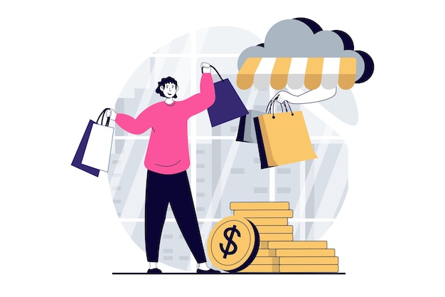 Concepto de comercio móvil con gente escena en diseño plano para web mujer con bolsas de compras haciendo pedidos en línea y comprando bienes ilustración vectorial para material de marketing de banner de redes sociales