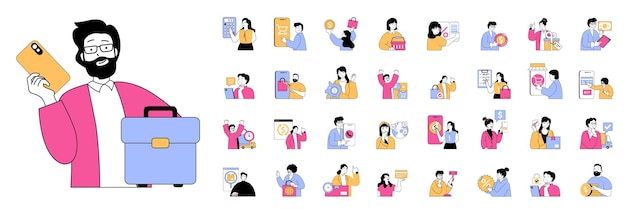 Concepto de comercio móvil con personas situaciones mega establecidas en diseño web plano Escenas de paquetes de compras en línea y pedidos en aplicaciones Ilustraciones vectoriales para material de marketing de banners de redes sociales