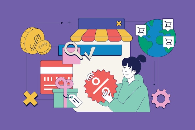 Concepto de comercio móvil con personas situaciones mega establecidas en diseño web plano Escenas de paquetes de compras en línea y pedidos en aplicaciones Ilustraciones vectoriales para material de marketing de banners de redes sociales