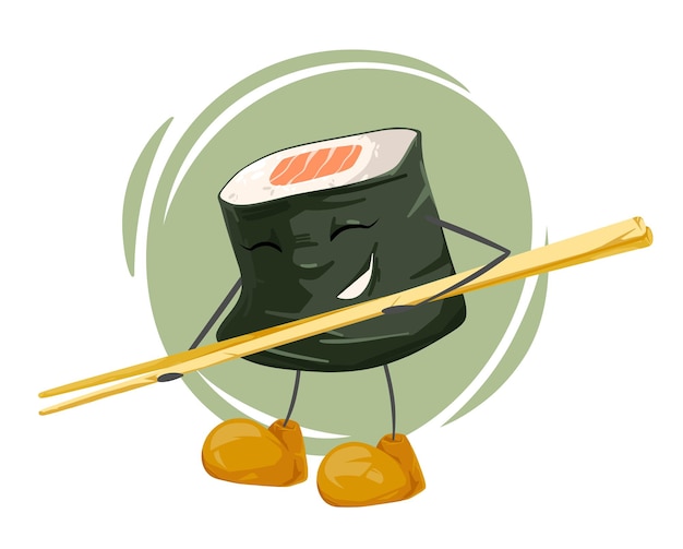 Vector concepto de comida asiática vectorial. amplio rollo de sushi sonriente con lindas botas sosteniendo dos palillos.