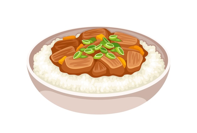 Vector concepto de comida coreana arroz con carne en tazón menú de cafetería y restaurante cultura asiática y comida cartel o pancarta ilustración vectorial plana de dibujos animados aislada sobre fondo blanco