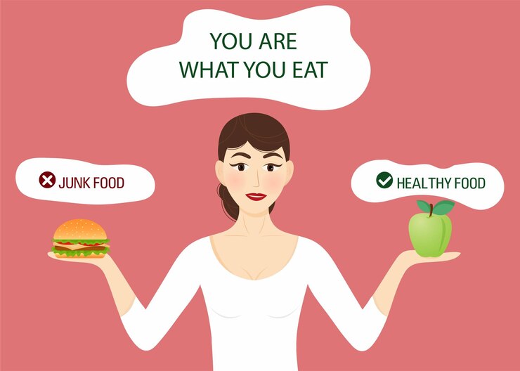 Vector concepto de comida eres lo que comes elige entre comida saludable y chatarra estilo de dibujos animados vectoriales