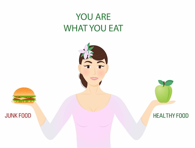 Concepto de comida eres lo que comes. Elige entre comida sana y comida chatarra. Hermosa mujer elige entre una manzana y una hamburguesa. Vector, estilo de dibujos animados
