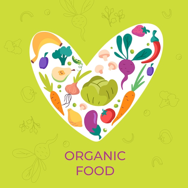 Concepto de comida local Diseño de forma de corazón de frutas y verduras naturales orgánicas Ilustración plana vectorial