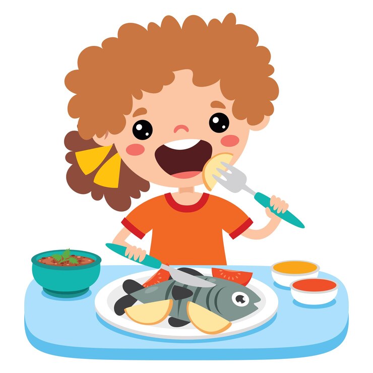 Vector concepto de comida con el niño de dibujos animados