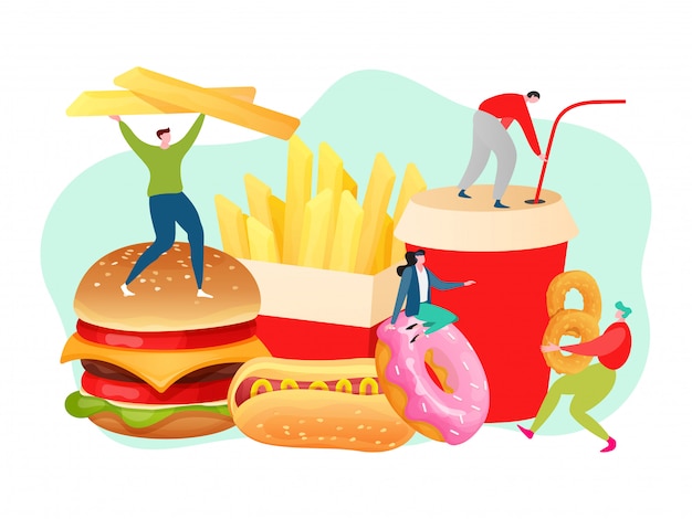 Vector concepto de comida rápida, gente pequeña con hamburguesa, papas fritas, hot dog y cola, ilustración