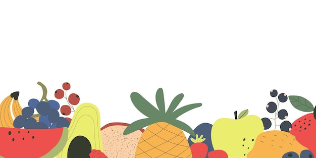 Concepto de comida saludable Banner web colorido con frutas lindas y espacio vacío Gran colección colorida con frutas crudas Ilustración de vector plano