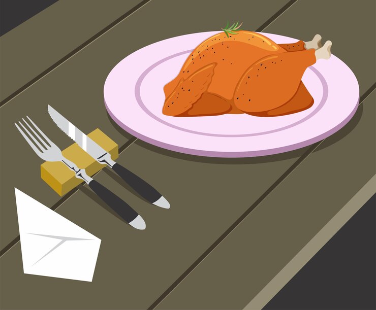 Concepto de comida saludable con pollo frito con vector de cuchara y tenedor