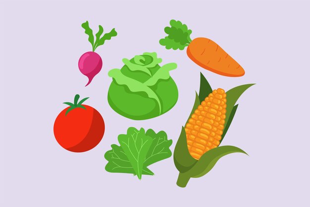Concepto de comida saludable Verduras frutas y leche Ilustración de vector plano coloreado aislado