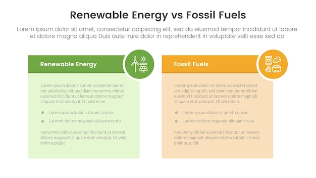 Concepto de comparación de las energías renovables con los combustibles fósiles para una plantilla de infografía: estandarte con cuadro de tabla y insignia de círculo con información de lista de dos puntos