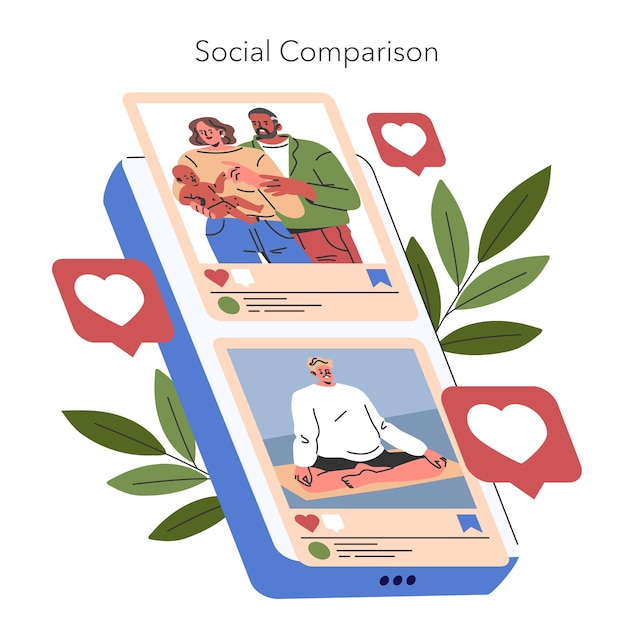 Concepto de comparación social en una plataforma digital que refleja la autoevaluación a través de los likes de las redes sociales