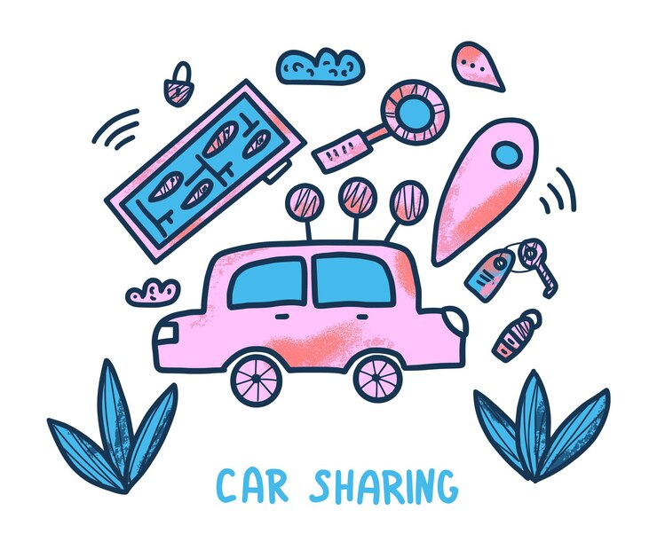 Concepto de compartición de automóviles Vector texto plano y decoración
