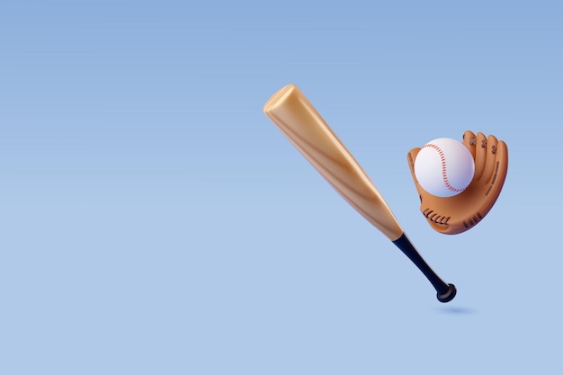 Concepto de competencia de deporte y juego de guante de cuero y pelota de bate de béisbol vectorial 3d