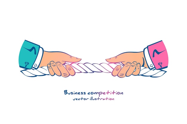 Concepto de competencia empresarial los hombres de negocios tiran de la cuerda como símbolo de conflicto de competencia de rivalidad tira y afloja diseño plano de ilustración vectorial conflictos corporativos