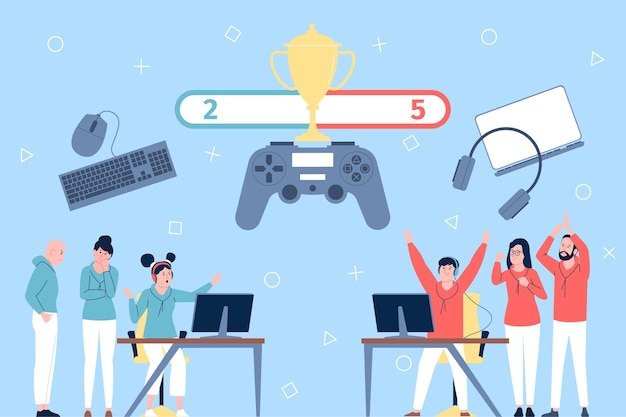 El concepto de competencia de eSport Equipos de deportes cibernéticos Torneo de jugadores Competición o entrenamiento Batalla multijugador en línea en computadoras Escena vectorial reciente