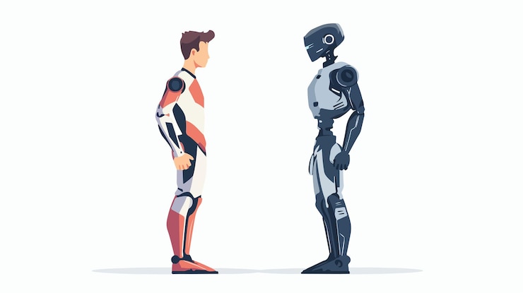Vector concepto de competencia entre humanos y robots desafío de inteligencia artificial