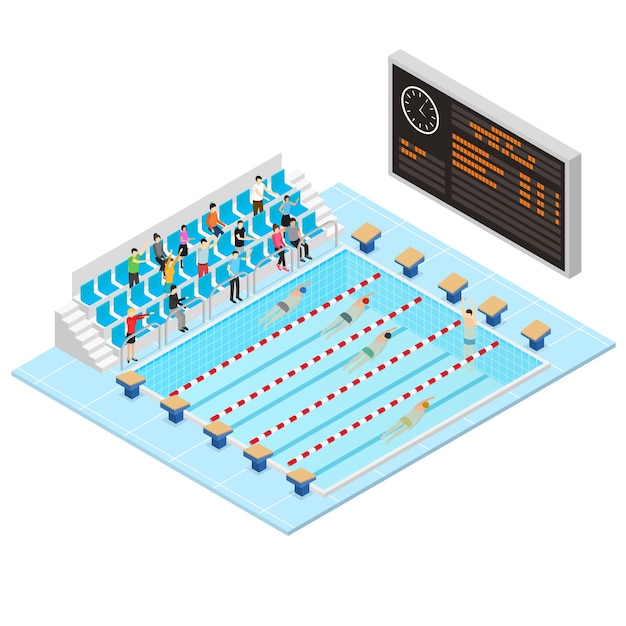 Concepto de competición de natación vector de vista isométrica 3d