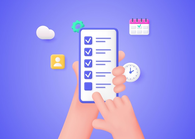 El concepto de completar con éxito las tareas comerciales. Las manos sostienen un teléfono inteligente con una lista de verificación. Ilustración vectorial 3d.