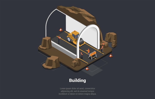 Concepto de composición de construcción de túneles personajes que construyen autopistas o carreteras a través de montañas la gente pone asfalto usando rodillos de asfalto maquinaria pesada industrial isométrica 3d vector ilustración