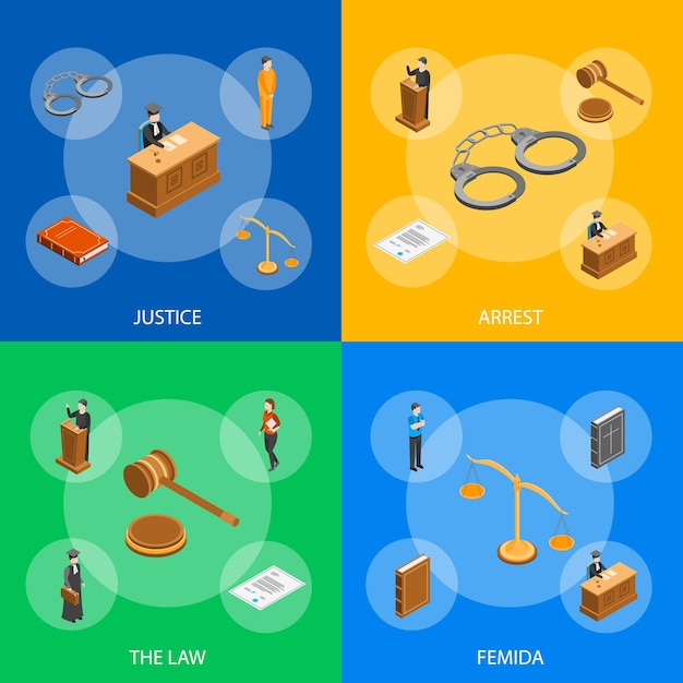 Concepto de composición de la justicia 3d vista isométrica Incluye del juez de la corte abogado Gavel legislación y ilustración del vector de esposas