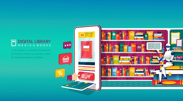 Concepto de compra de biblioteca digital en línea con un diseño vectorial colorido, que muestra una máquina de tarjetas e íconos de compra en una tienda con estantes surtidos y asistente de dibujos animados sobre azul con espacio de copia