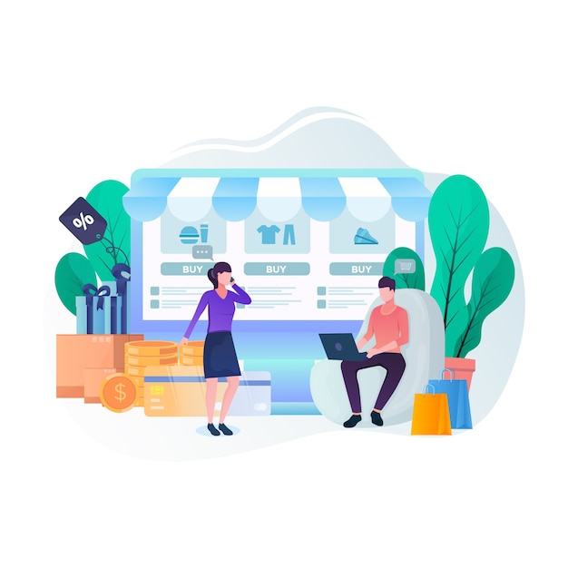 Concepto de compra en línea, gente comprando cosas en la ilustración plana de la tienda en línea