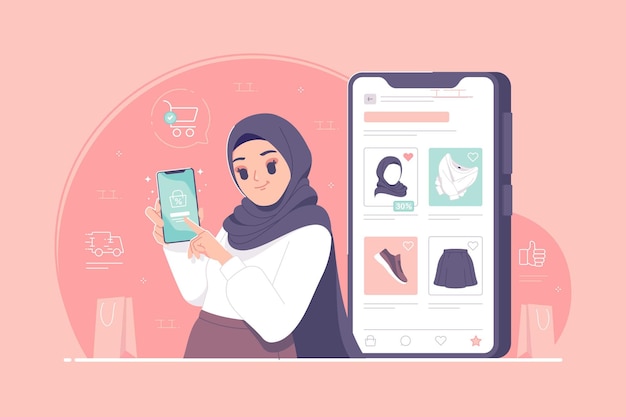 Concepto de compra en línea con personaje de niña hijab islámico