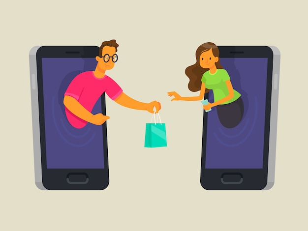 Concepto de compra en línea. el vendedor en el teléfono vende los bienes al comprador. compre a través de la aplicación en su dispositivo móvil