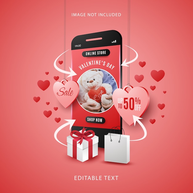 Concepto de compra en línea de venta de San Valentín en dispositivos móviles con texto editable